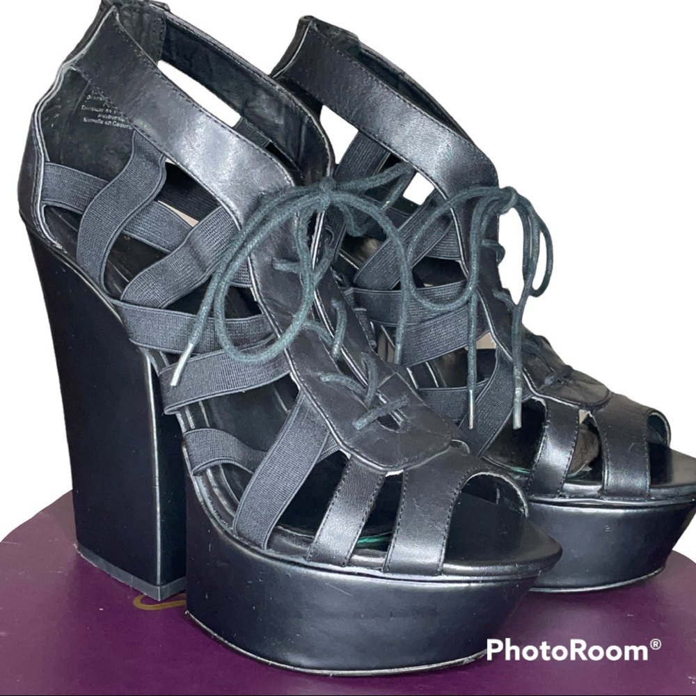 Black strappy platform heels by Shellys London size 8
